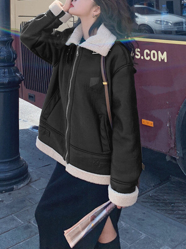 Airchics manteau aviateur simili cuir doublé polaire avec poches chunky buckle col revers femme mode hiver