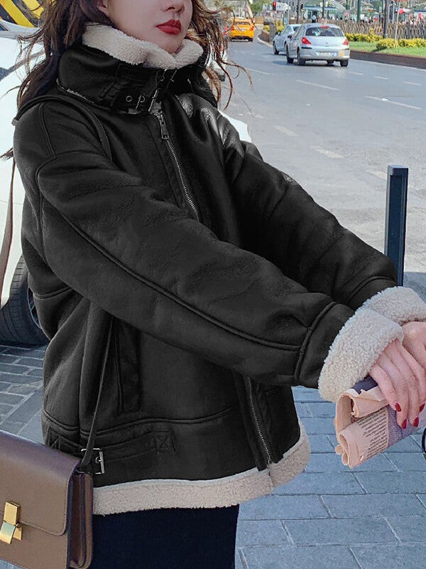 Airchics manteau aviateur simili cuir doublé polaire avec poches chunky buckle col revers femme mode hiver