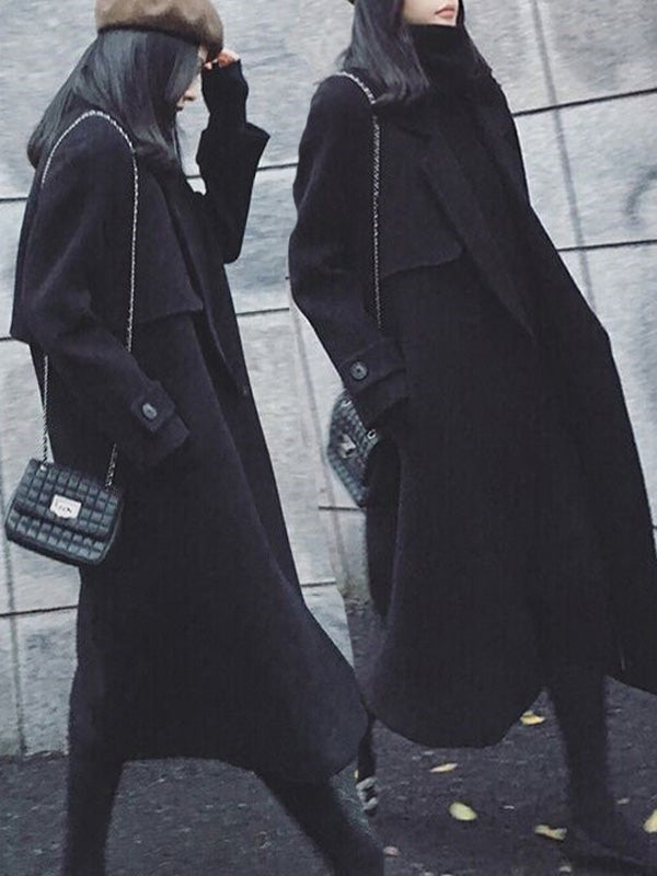 Airchics longue manteau en laine boutons ceinture avec poches col revers femme mode oversized noir