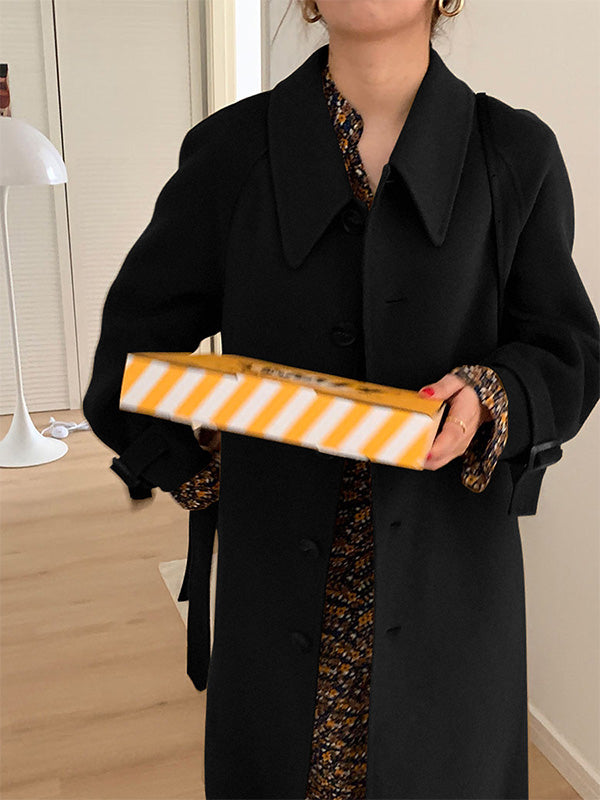 Airchics longue manteau en laine boutonnage avec poches ceinture col revers femme casual mode noir