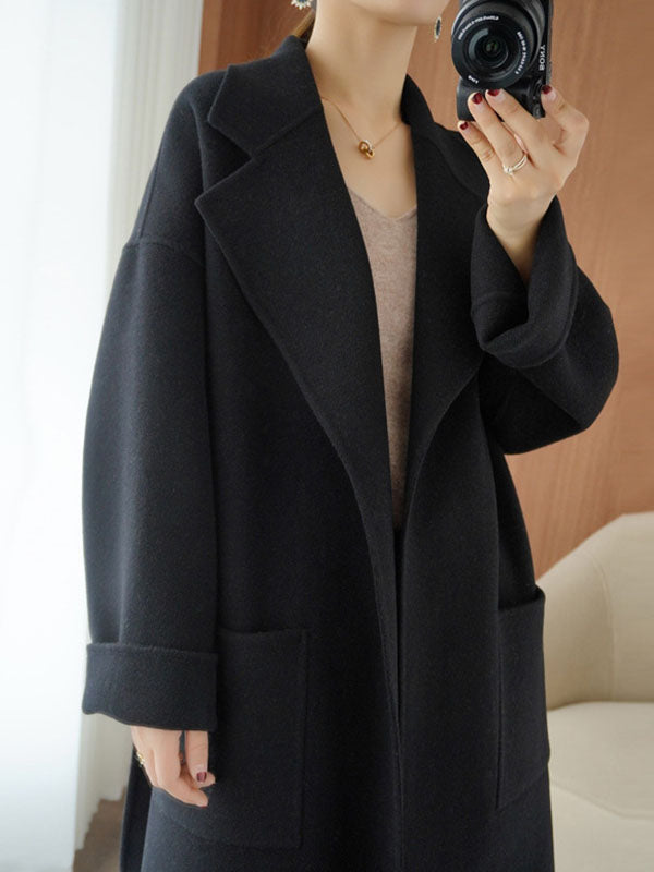 Airchics longue manteau en laine avec poches ceinture col revers manches longues femme mode