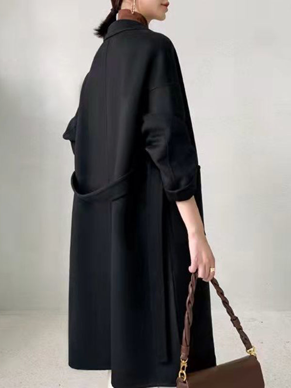 Airchics longue manteau en laine avec poches ceinture col revers manches longues femme mode lâche