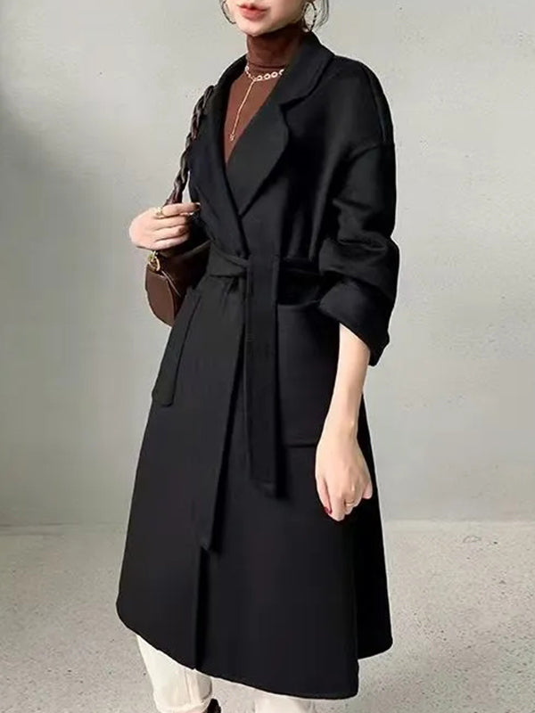 Airchics longue manteau en laine avec poches ceinture col revers manches longues femme mode lâche