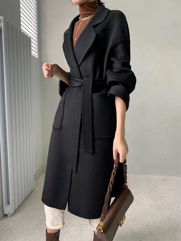 Airchics longue manteau en laine avec poches ceinture col revers manches longues femme mode lâche