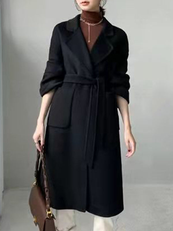 Airchics longue manteau en laine avec poches ceinture col revers manches longues femme mode lâche