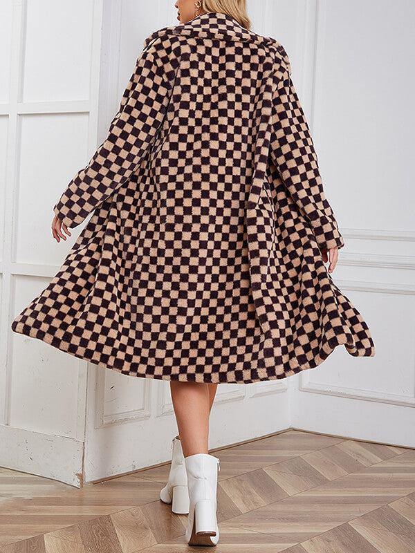 Airchics longue manteau en fausse fourrure carreaux boutonnage avec poches col revers femme mode ample