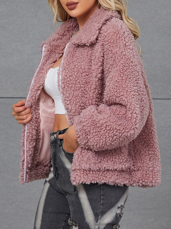 Airchics court manteau teddy coat fermeture éclair avec poches col revers femme mode doux veste rose