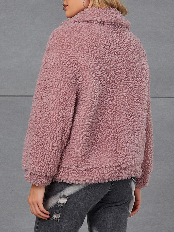 Airchics court manteau teddy coat fermeture éclair avec poches col revers femme mode doux veste rose