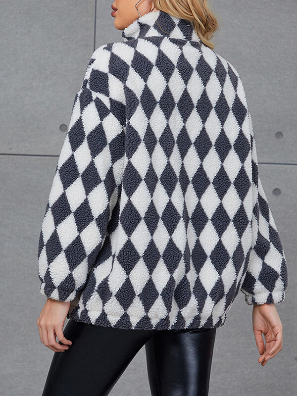 Airchics manteau teddy coat géométrique teddy bear fermeture éclair avec poches col cheminée femme mode
