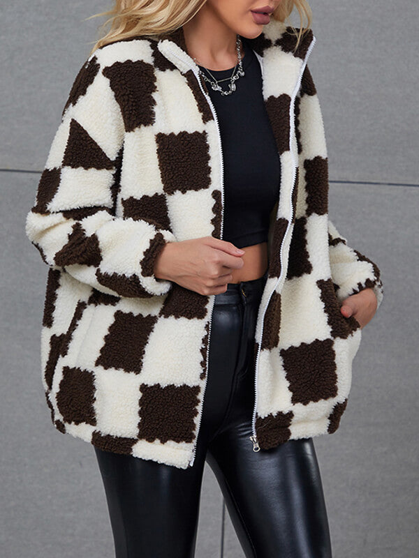 Airchics manteau teddy coat carreaux teddy bear fermeture éclair avec poches col cheminée femme mode