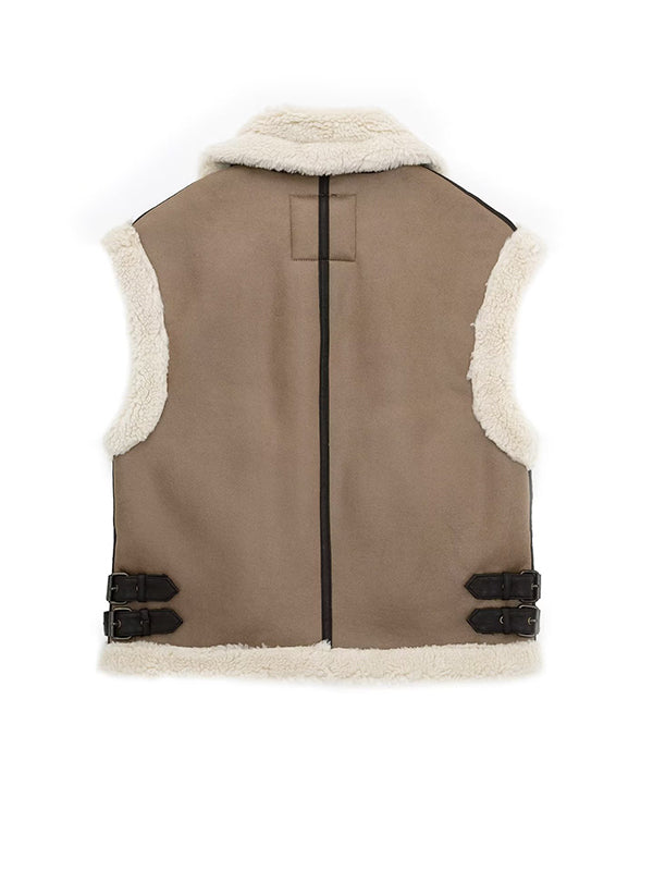 Airchics court manteau molleton fermeture éclair avec poches ceinture col revers sans manches femme mode