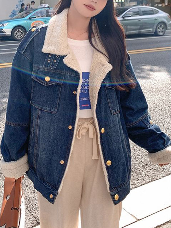 Airchics court manteau doublé polaire jean boutonnage avec boutons poches ceinture col revers femme mode