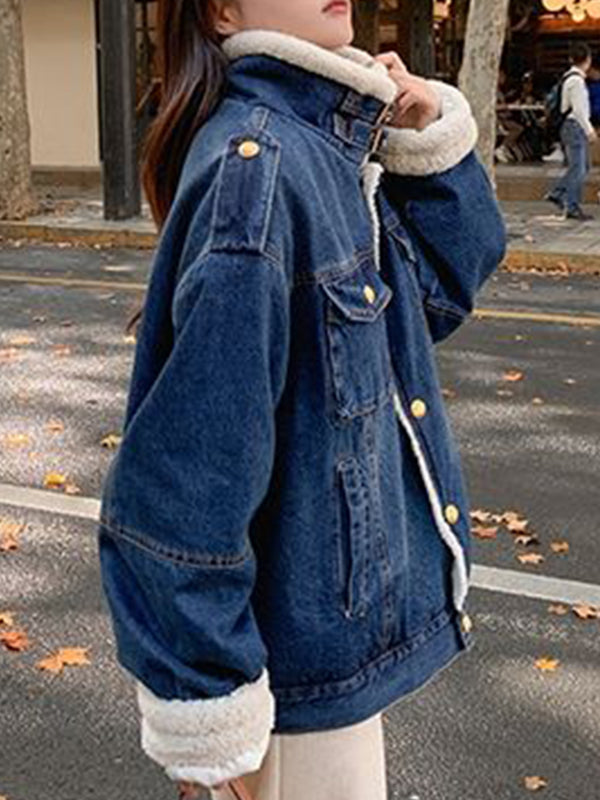 Airchics court manteau doublé polaire jean boutonnage avec boutons poches ceinture col revers femme mode