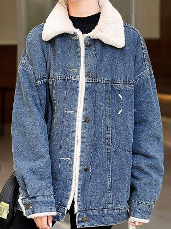 Airchics court manteau doublé polaire jean avec boutonnage poches col revers femme mode