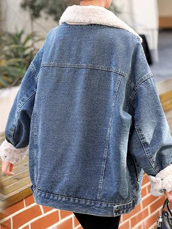 Airchics court manteau doublé polaire jean avec boutonnage poches col revers femme mode