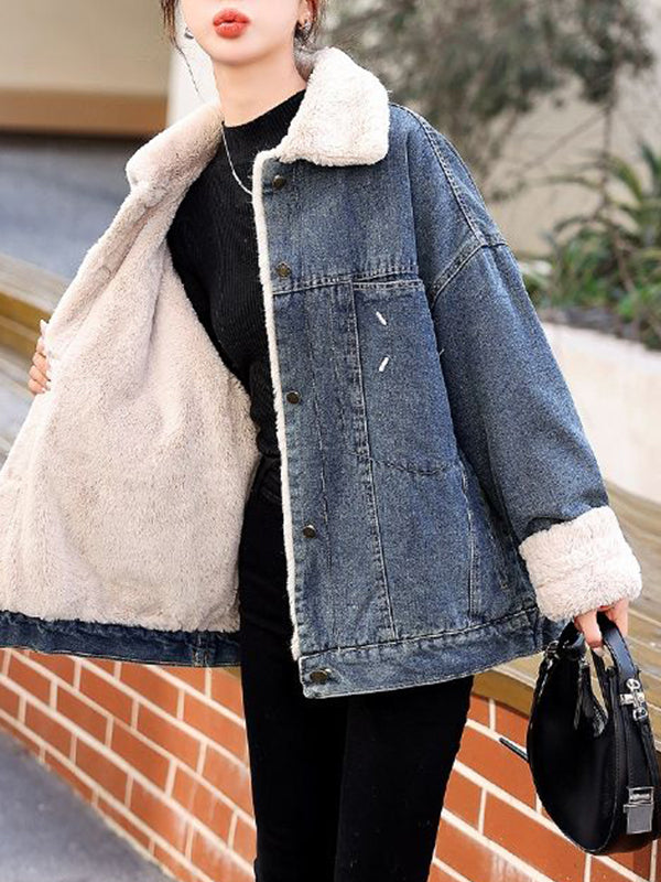 Airchics court manteau doublé polaire jean avec boutonnage poches col revers femme mode