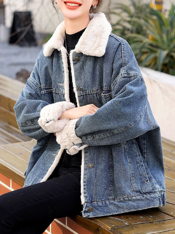 Airchics court manteau doublé polaire jean avec boutonnage poches col revers femme mode