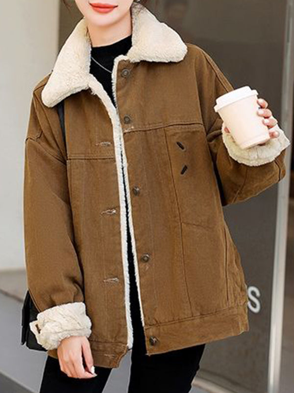 Airchics court manteau doublé polaire jean avec boutonnage poches col revers femme mode