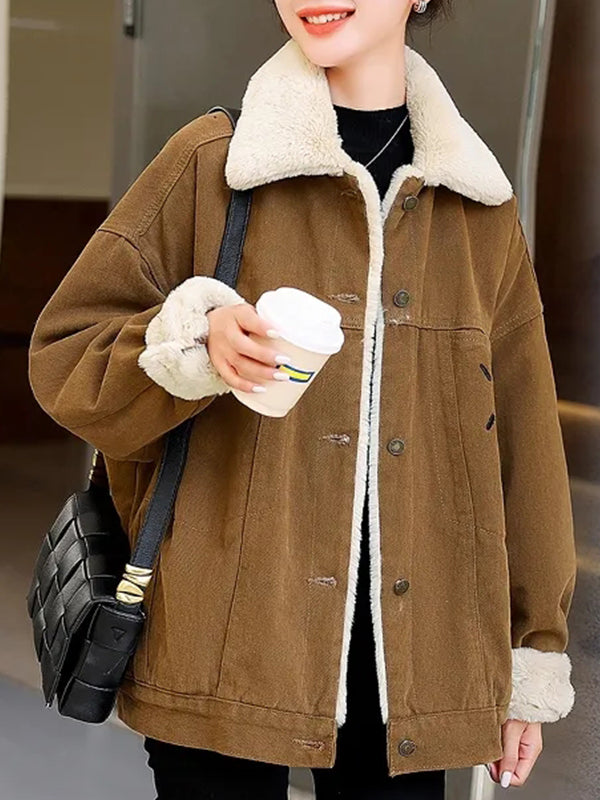 Airchics court manteau doublé polaire jean avec boutonnage poches col revers femme mode