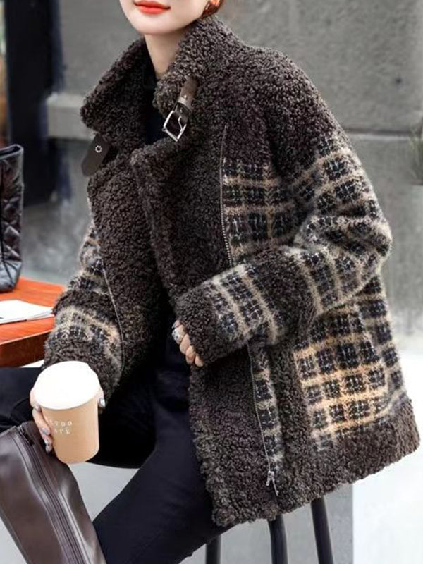 Airchics manteau carreaux imitation peau de mouton teddy poches ceinture col revers femme mode veste