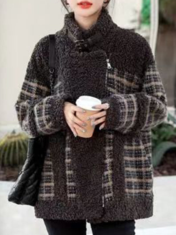 Airchics manteau carreaux imitation peau de mouton teddy poches ceinture col revers femme mode veste