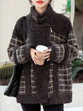 Airchics manteau carreaux imitation peau de mouton teddy poches ceinture col revers femme mode veste