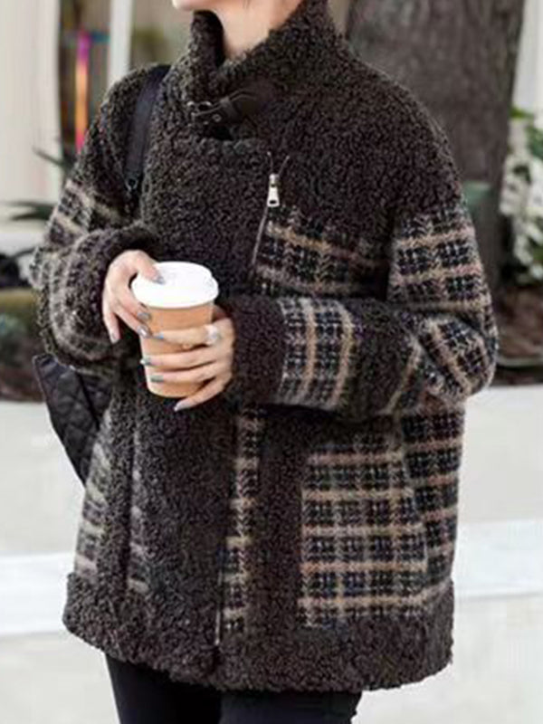 Airchics manteau carreaux imitation peau de mouton teddy poches ceinture col revers femme mode veste