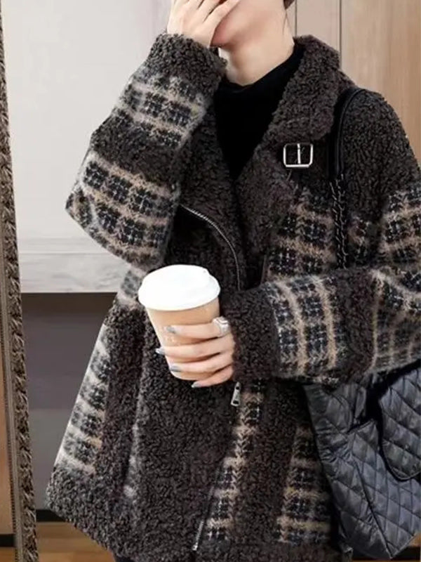 Airchics manteau carreaux imitation peau de mouton teddy poches ceinture col revers femme mode veste