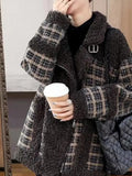 Airchics manteau carreaux imitation peau de mouton teddy poches ceinture col revers femme mode veste