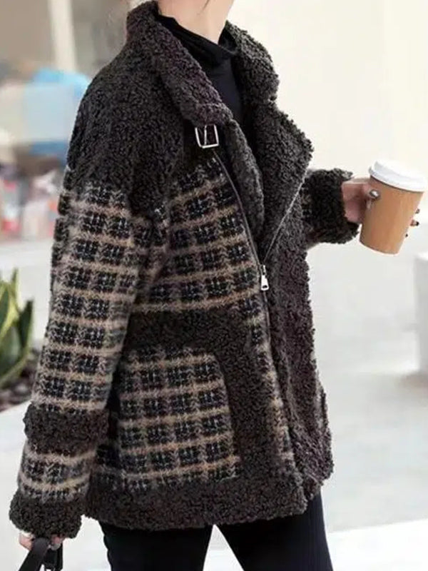 Airchics manteau carreaux imitation peau de mouton teddy poches ceinture col revers femme mode veste