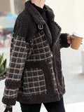 Airchics manteau carreaux imitation peau de mouton teddy poches ceinture col revers femme mode veste