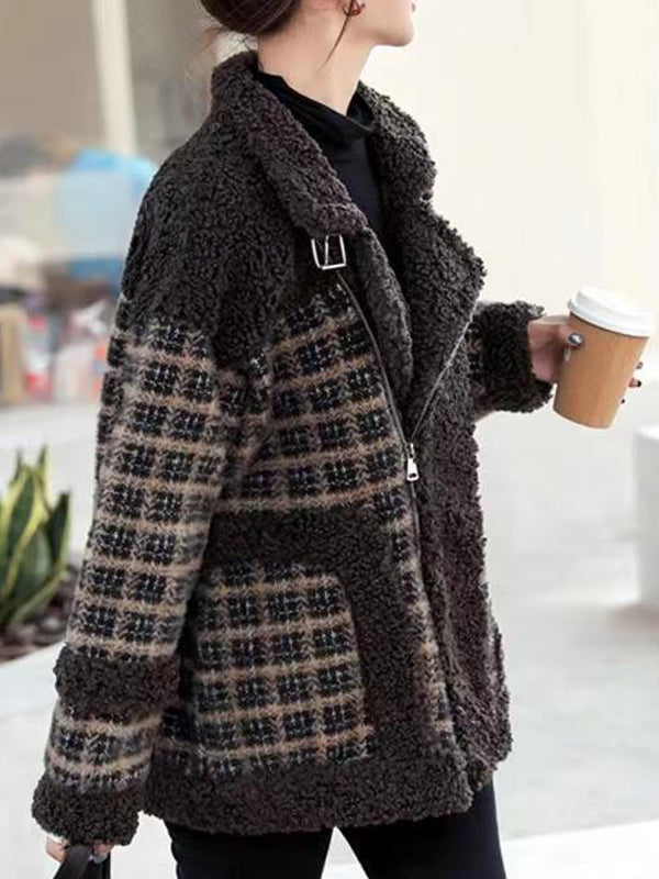 Airchics manteau carreaux imitation peau de mouton teddy poches ceinture col revers femme mode veste