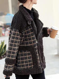 Airchics manteau carreaux imitation peau de mouton teddy poches ceinture col revers femme mode veste