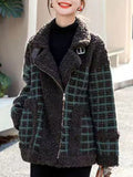 Airchics manteau carreaux imitation peau de mouton teddy poches ceinture col revers femme mode veste