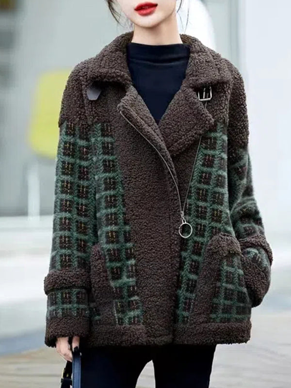 Airchics manteau carreaux imitation peau de mouton teddy poches ceinture col revers femme mode veste