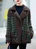 Airchics manteau carreaux imitation peau de mouton teddy poches ceinture col revers femme mode veste