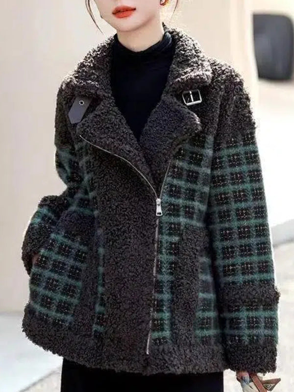 Airchics manteau carreaux imitation peau de mouton teddy poches ceinture col revers femme mode veste