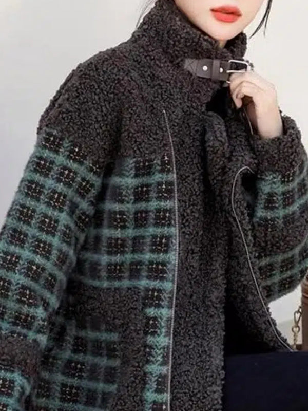 Airchics manteau carreaux imitation peau de mouton teddy poches ceinture col revers femme mode veste