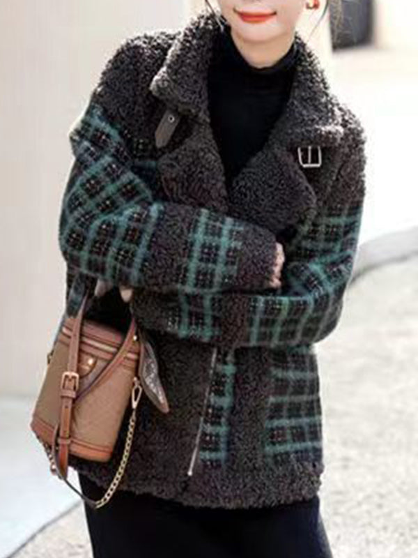 Airchics manteau carreaux imitation peau de mouton teddy poches ceinture col revers femme mode veste