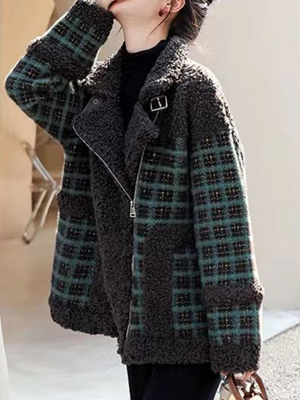 Airchics manteau carreaux imitation peau de mouton teddy poches ceinture col revers femme mode veste