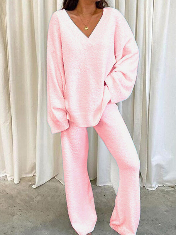 Airchics ensemble de pyjama unicolore v-cou manches longues femme lâche casual