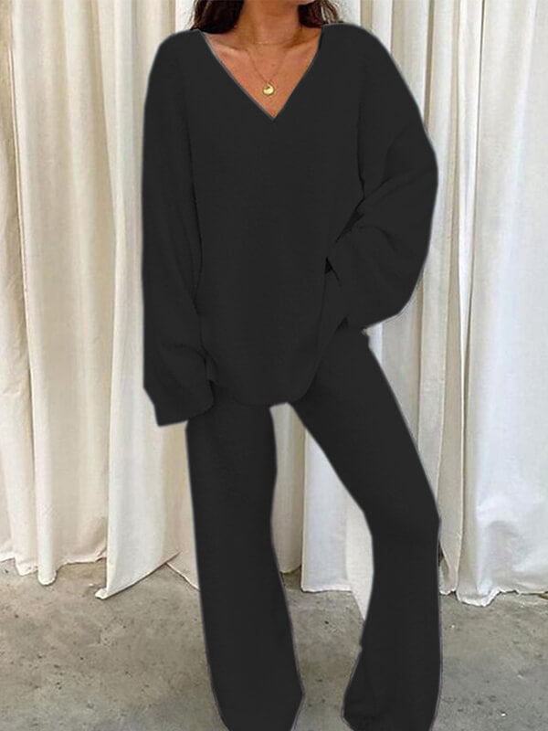 Airchics ensemble de pyjama unicolore v-cou manches longues femme lâche casual