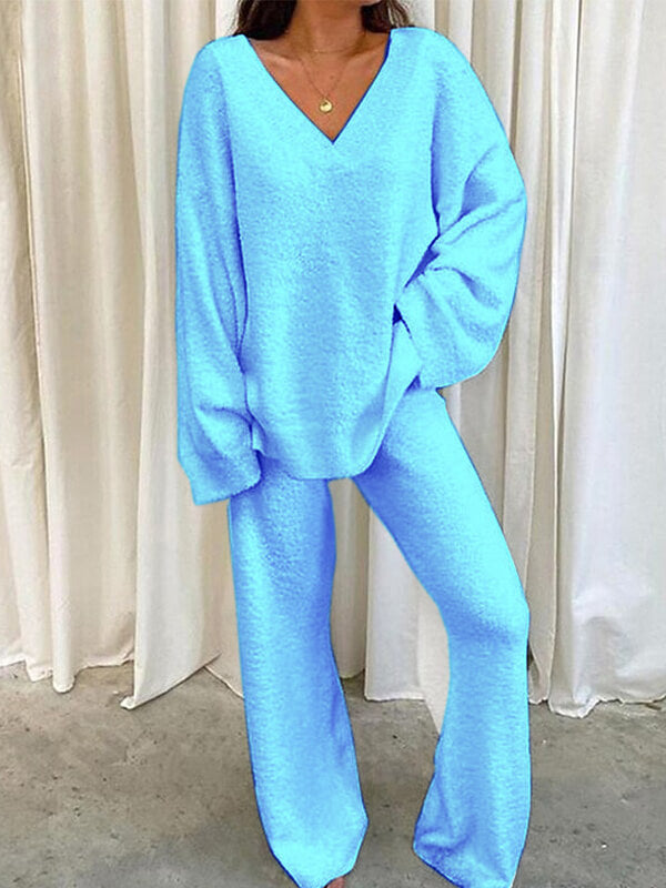 Airchics ensemble de pyjama unicolore v-cou manches longues femme lâche casual