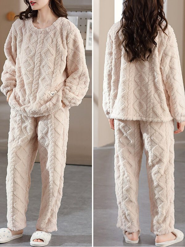 Airchics ensemble de pyjama unicolore flanelle col rond manches longues femme décontracté