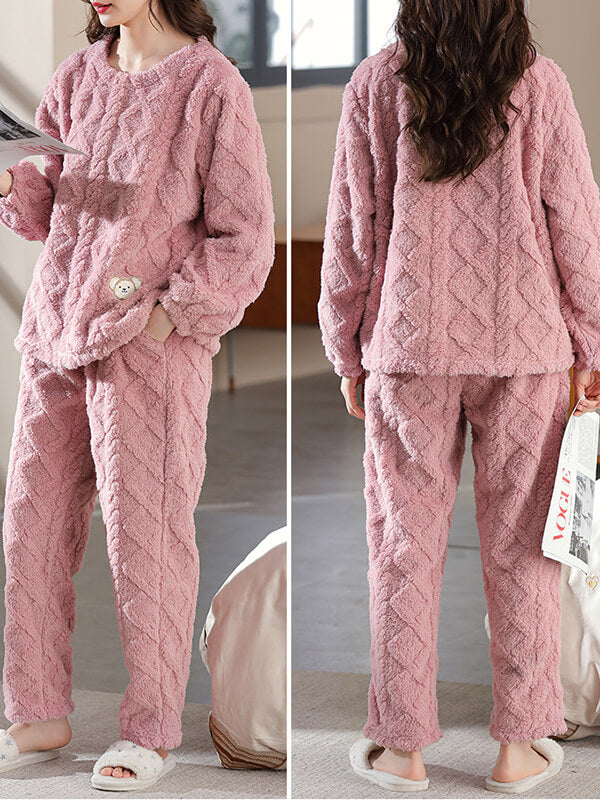 Airchics ensemble de pyjama unicolore flanelle col rond manches longues femme décontracté