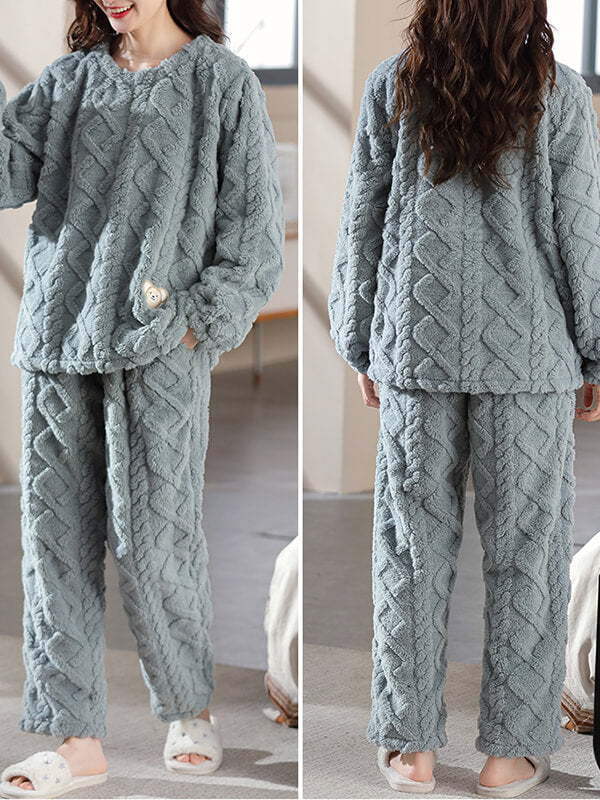 Airchics ensemble de pyjama unicolore flanelle col rond manches longues femme décontracté