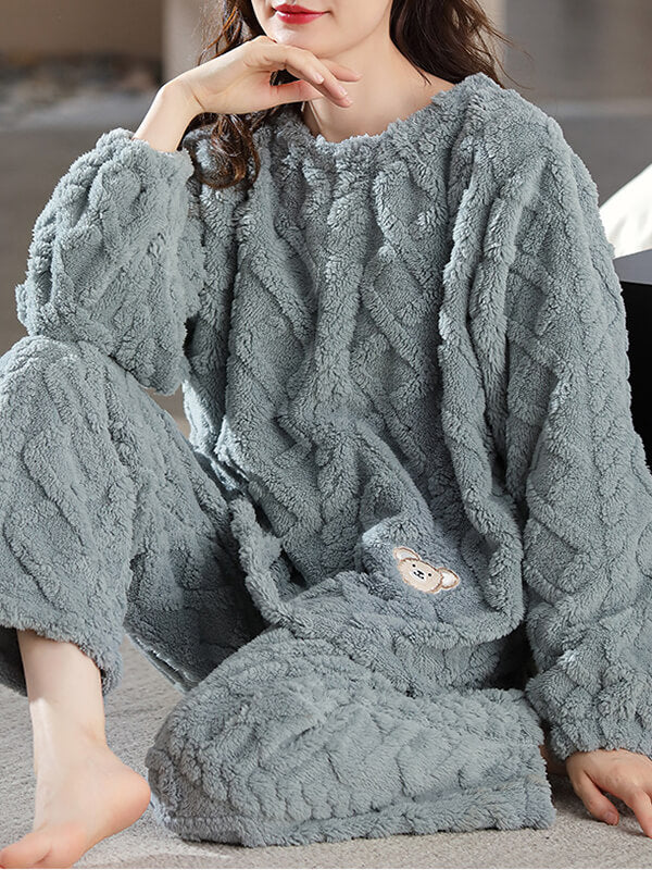 Airchics ensemble de pyjama unicolore flanelle col rond manches longues femme décontracté