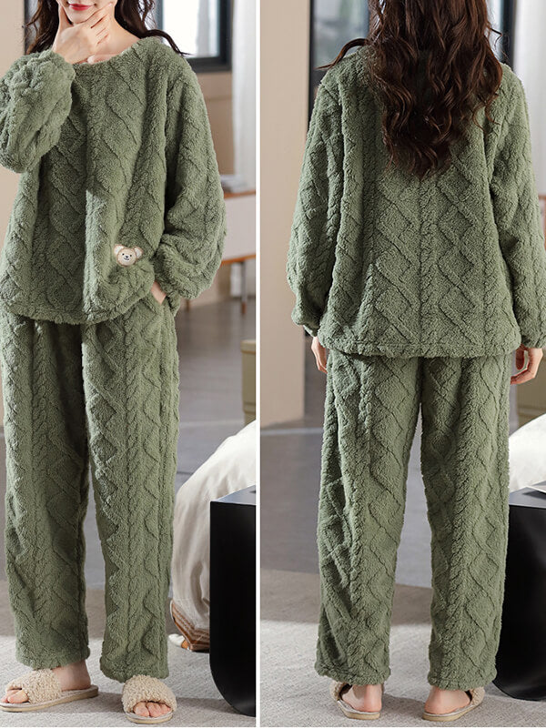 Airchics ensemble de pyjama unicolore flanelle col rond manches longues femme décontracté