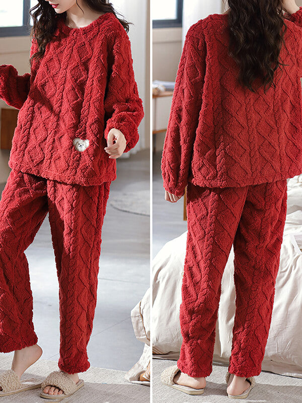 Airchics ensemble de pyjama unicolore flanelle col rond manches longues femme décontracté