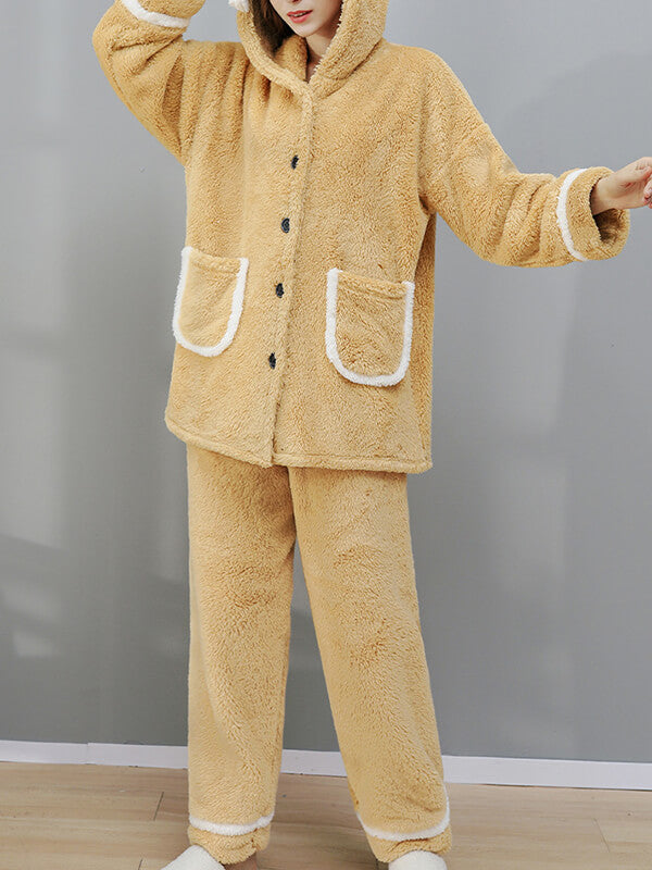 Airchics ensemble de pyjama flanelle boutons poches à capuche manches longues femme mignon oversized